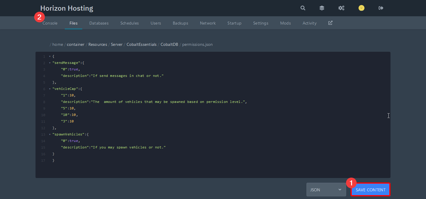 Gamepanel file editor for permissions.json, with Save Content and Console buttons highlighted